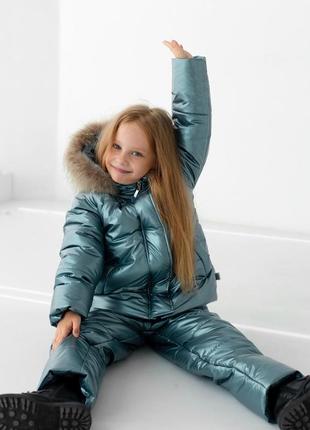 Зимовий костюм з хутром єнота для дівчаток до -30 морозу7 фото