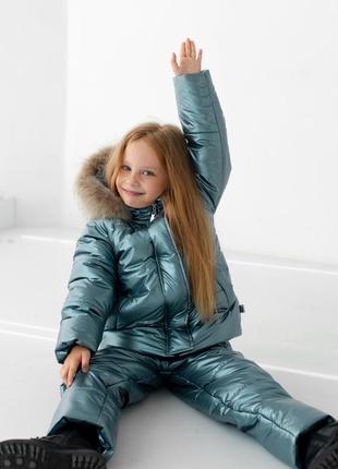 Зимовий костюм з хутром єнота для дівчаток до -30 морозу9 фото