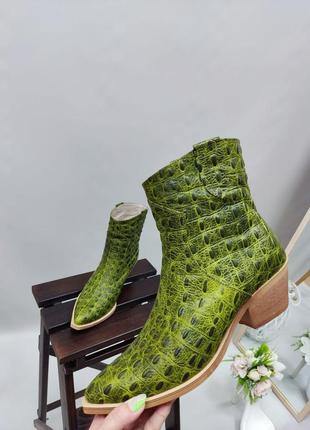 Екслюзивные ботинки казаки из натуральной итальянской кожи рептилия зелёные2 фото