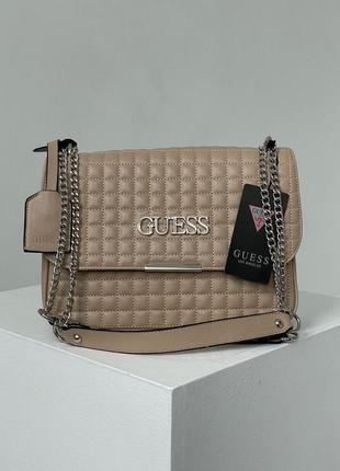 Стильная сумка lux беж в стиле guess zippy стеганая / большая вместительная сумочка кроссбоди кросс-боди / сумка конверт стьобана бежевая