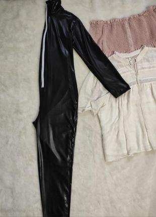 Черный кожаный латекс эротический комбинезон ромпер штанами на молнии замком стрейч7 фото