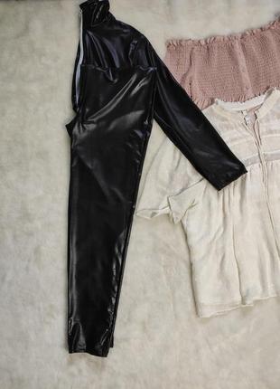 Черный кожаный латекс эротический комбинезон ромпер штанами на молнии замком стрейч8 фото
