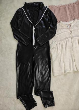 Черный кожаный латекс эротический комбинезон ромпер штанами на молнии замком стрейч2 фото