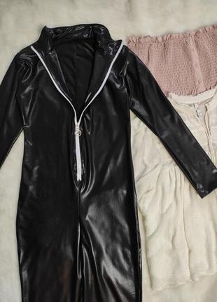 Черный кожаный латекс эротический комбинезон ромпер штанами на молнии замком стрейч4 фото