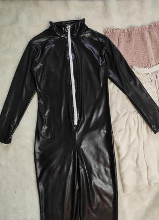 Черный кожаный латекс эротический комбинезон ромпер штанами на молнии замком стрейч3 фото