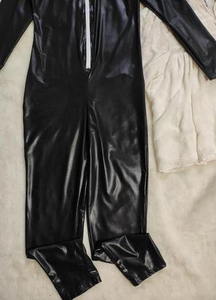 Черный кожаный латекс эротический комбинезон ромпер штанами на молнии замком стрейч5 фото