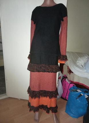 Вязаный теплый женский костюм (юбка+кофта)