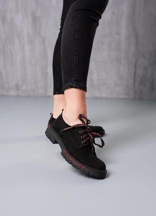 Стильные туфли женские черные замшевые на шнурках на плоской подошве демисезонные,деми,осенние,весенние (осень,весна 2022-2023)7 фото