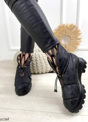Черевики дутики чобітки на низькому ходу зимние плащевка водоотталкивающие бежевые коричневые трендовые чёрные2 фото