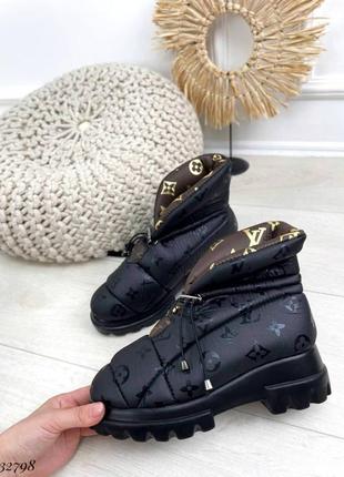 Черевики дутики чобітки на низькому ходу зимние плащевка водоотталкивающие бежевые коричневые трендовые чёрные4 фото