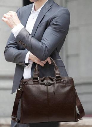 Якісна чоловіча сумка для ноутбука еко шкіра, чоловічий портфель під ноутбук, планшет, ноутбук, макбук коричневий1 фото