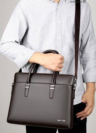 Качественный мужской деловой портфель для документов черный коричневый, мужская сумка а4 эко кожа коричневый7 фото