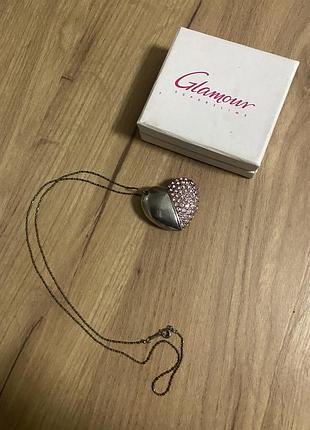 Кулон серце масивний сріблястий рожевий зі стразами іде в коробці флешка2 фото