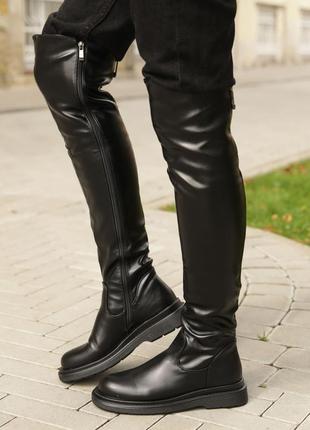 Стильные сапоги,ботфорты женские черные без каблука демисезонные,деми,осенние,весенние (осень,весна 2022-2023)1 фото