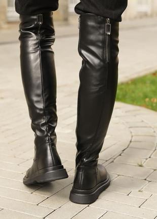 Стильные сапоги,ботфорты женские черные без каблука демисезонные,деми,осенние,весенние (осень,весна 2022-2023)5 фото
