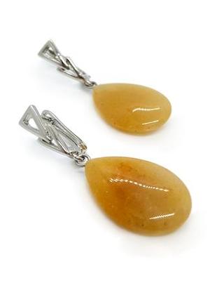 ⚜️💛 елегантні сережки із підвісками "крапельки" натуральний камінь жовтий нефріт1 фото