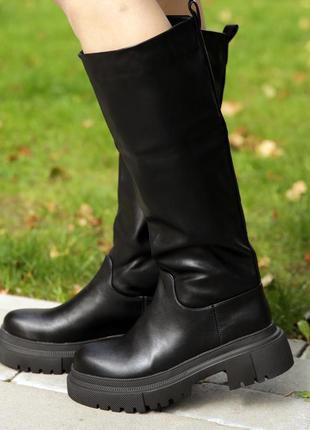 Стильные сапоги женские до колена черные без каблука демисезонные,деми,осенние,весенние (осень,весна 2022-20232 фото
