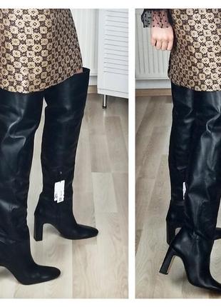 Шкіряні ботфорти zara жіночі високі чоботи на високих підборах блочному труби5 фото