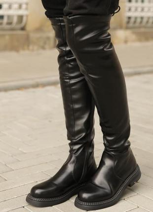 Стильные сапоги,ботфорты женские черные без каблука на шнуровке позади демисезонные,деми,осенние,весенние,зимние (осень,весна,евро-зима 2022-2023)2 фото