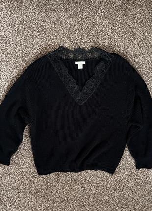 Джемпер пуловер чорний оверсайз з мереживом