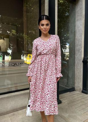 Платье миди с длинными рукавами с v образным вырезом приталеное расклешенное солнце в цветочек черное белое