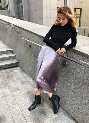 Сіро кавова спідниця міді креп сатин з блиском капучіно