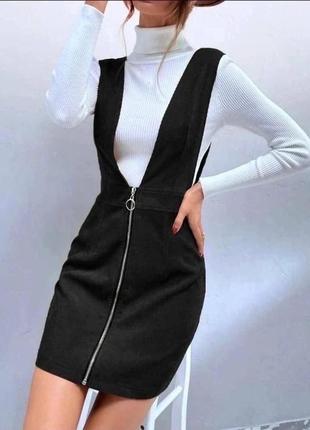Стильное красивое удобное модное замшевое на замке трендовое для прогулок простое платье сарафан черное