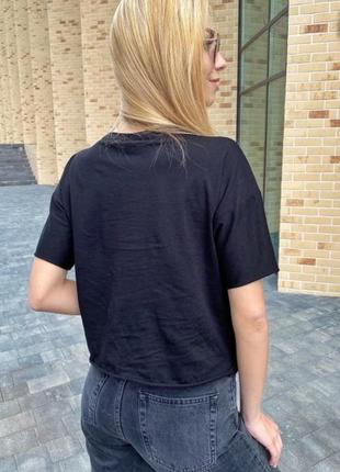 Короткая футболка женская с принтом и вышивкой бусинами lsk - черный цвет, one size3 фото