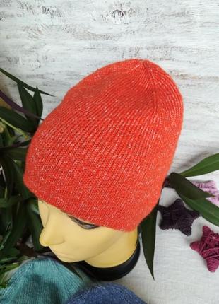 Зимняя шапка | бини | оранжевая | двойная | теплая | мохер | меринос | шерсть