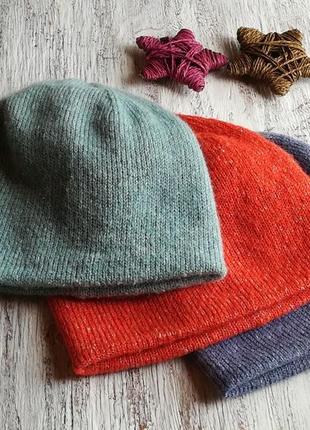 Зимняя шапка | бини | оранжевая | двойная | теплая | мохер | меринос | шерсть4 фото