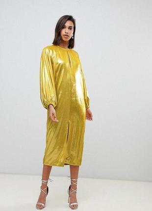 Желтое бархатное платье миди с эффектом металлик и рукавами-фонариками asos