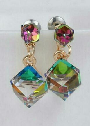 Серьги сережки с кристаллами цветные золотистые