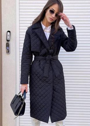 До -15° куртка пальто стёганое длинное с поясом черное с утеплителем зима осень