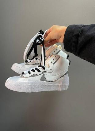 Nike blazer x sacai white / black новинка жіночі високі кросівки найк блейзер білі брендовые женские высокие кроссовки белые7 фото