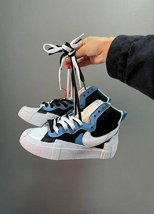 Nike blazer x sacai black legend blue новинка жіночі високі кросівки найк блейзер білі чорно блакитні женские высокие кроссовки белые черно голубые