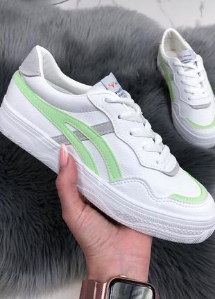 Білі жіночі кеди - кросівки з сірими та зеленими вставками 36р.