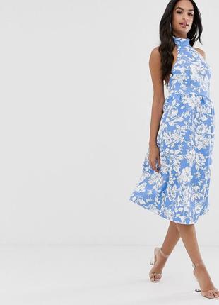 Синее платье миди с вырезом на шее и цветочным принтом asos design