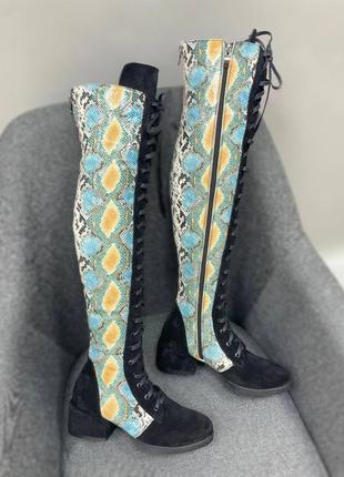 Дизайнерські ботфорти на шнурівці 4см натуральний замш шкіра зима осінь2 фото