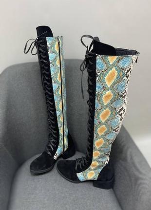 Дизайнерские ботфорты на шнурках кожа замш натуральный осень зима