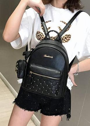 Женский городской рюкзак с брелоком мини рюкзачок, набор 2 в 1 рюкзачок + ключница кошелек черный2 фото