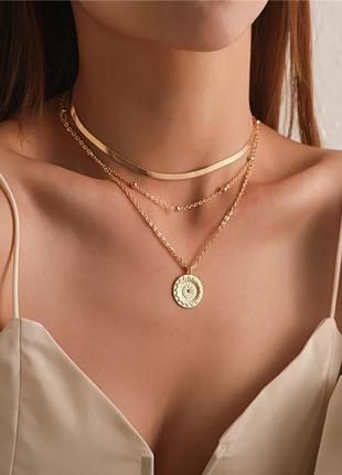 Чокер ланцюг підвіска медальон потрійна прикраса на шию кольє ланцюжок