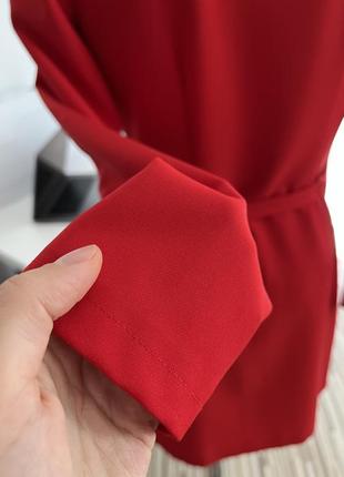 Сукня червона платье красное на запах длинный рукав ассиметричное под пояс2 фото