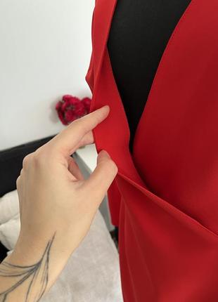 Сукня червона платье красное на запах длинный рукав ассиметричное под пояс5 фото