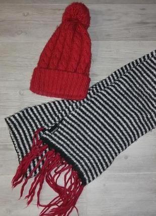 Червона/ала вязаная груба шапка с помпоном і шарф. грубая вязка3 фото