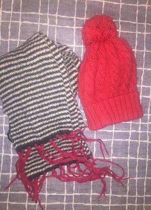 Червона/ала вязаная груба шапка с помпоном і шарф. грубая вязка2 фото