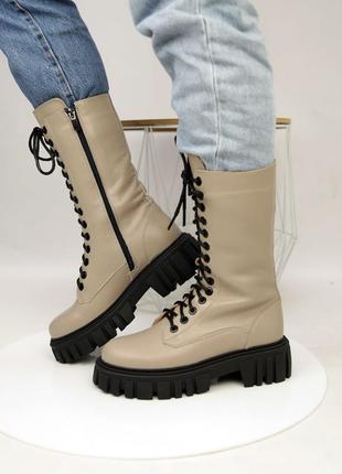 Стильные ботинки высокие на шнуровке женские бежевые кожаные мех зимние (зима 2022-2023)7 фото