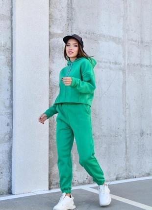 Зелений теплий спортивний прогулянковий костюм на флісі