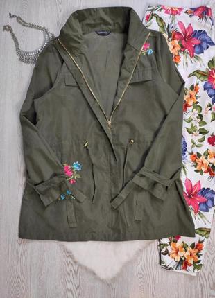 Куртка ветровка парка хаки с цветочной вышивкой завязками на рукавах женская батал больш4 фото