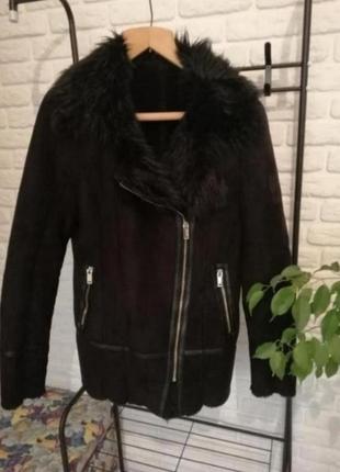 Чёрная дублёнка косуха авиатор с мехом пальто парка