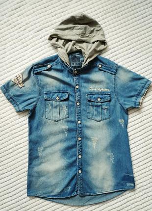 Стильна чоловіча джинсова сорочка на короткий рукав/джинсовка з капішоном plus eighteen, з ефектом потертості